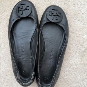 Tory Burch Black Leather Minnie Flats with Logo 8